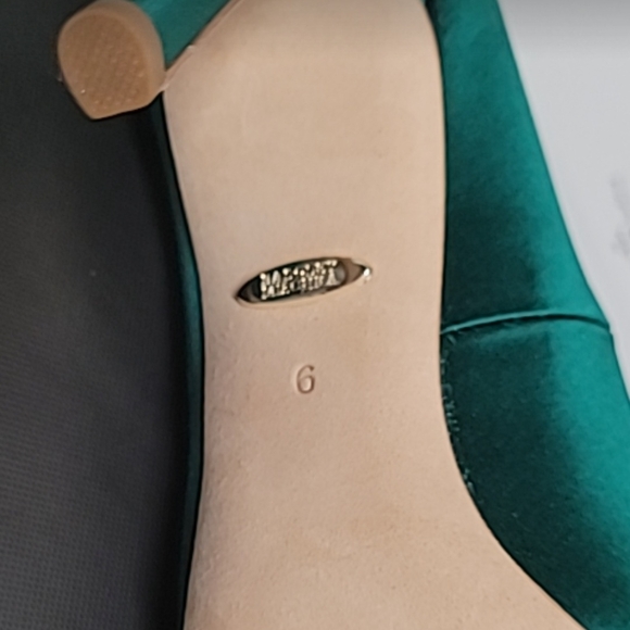 Badgley Mischka Teal Satin Heels with Crystal Detail - Picture 3 of 4